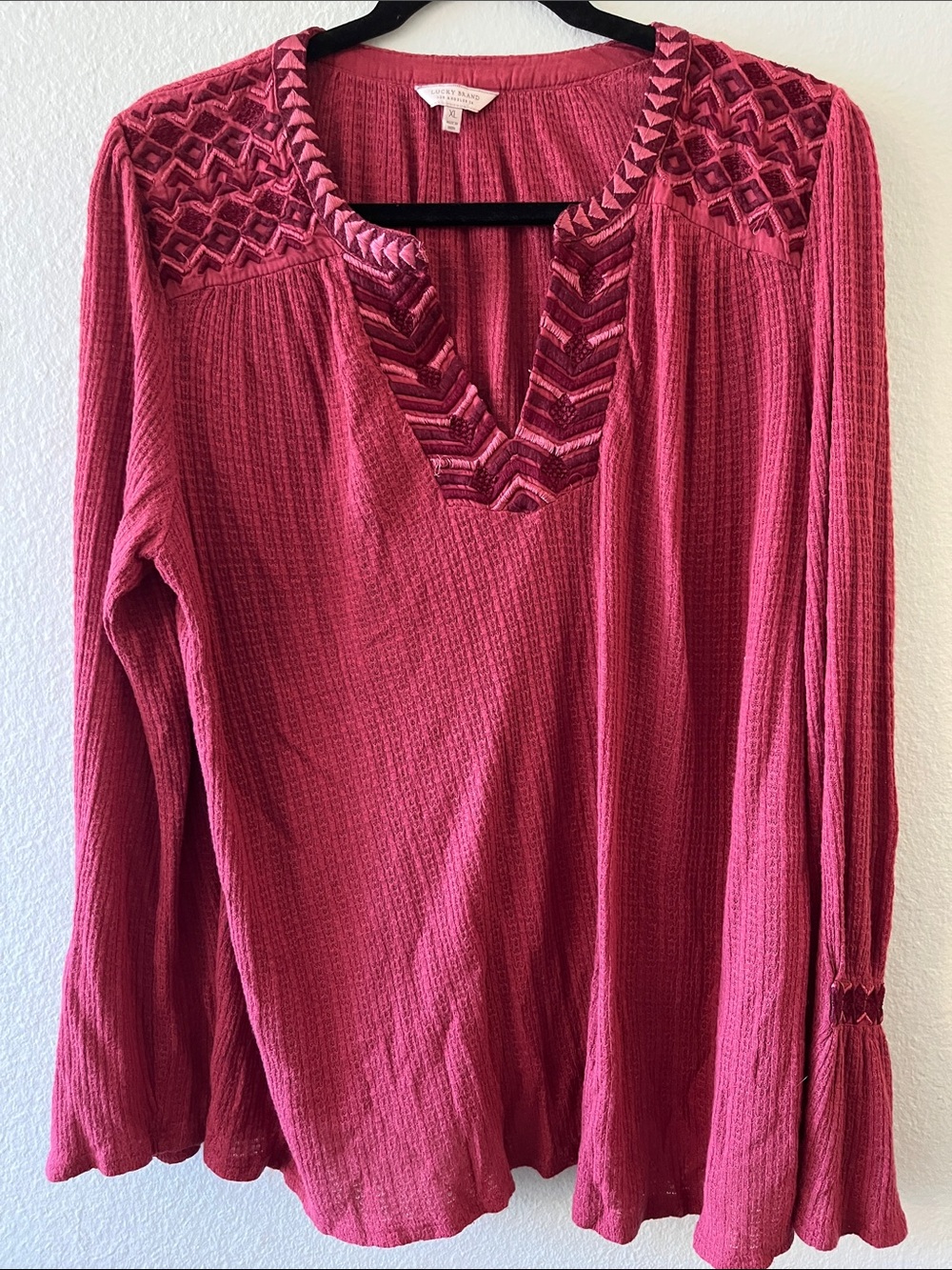 Lucky Brand Embroidered V-Neck Long Sleeve Top